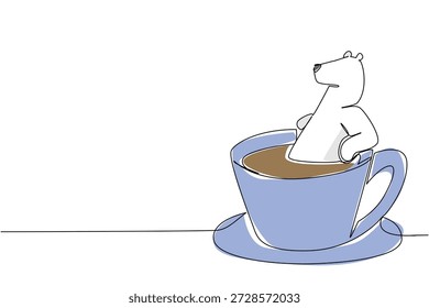 Dibujo de una sola línea de oso polar blanco para el concepto de naturaleza presenta un animal empapado en taza de café. El arte colorido representa un tema internacional del día del oso polar y el resto del blog con un mamífero juguetón