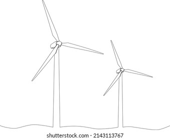 single line drawing of wind turbines isolated on white background, continuous line hand-drawn vector illustration