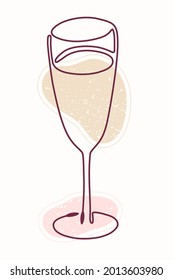 Single line drawing of wineglass with textured color shapes. Vector hand drawn line art style. Vector illustration
