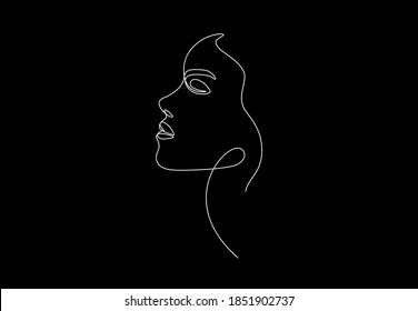 Single Line Drawing Of Woman Face. Continuous One Line Portrait For Textile, T-shirt, Print, Contemporary Logo Design, Fashion Concept. Minimalistic Vector Illustration