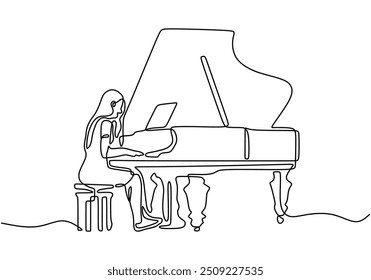 Dibujo de una sola línea de una mujer tocando el piano. Representa el instrumento musical en un diseño minimalista.