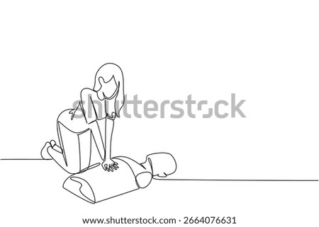 Single line drawing of a woman practicing CPR chest compressions on a mannequin, showing health concept for National CPR and AED Awareness to promote lifesaving emergency skills.