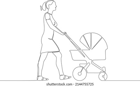 Single Line Drawing Of Woman Pushing Baby Stroller, Continuous Line Vector Illustration