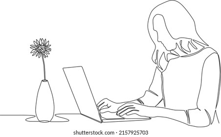 single line drawing of woman using laptop computer, line art vector illustration