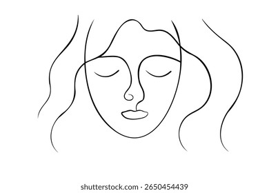 Single line drawing a woman's face with closed eyes flowing hair on vector