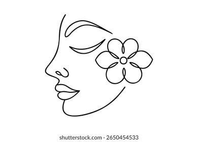 Single line drawing a woman's face with closed eyes a flower on a vector