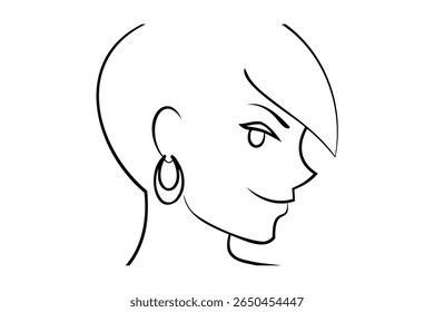 Single line drawing a woman's profile with short hair hoop earrings on face