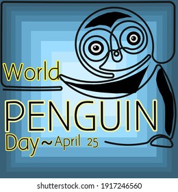 Dibujo de una sola línea del Día Mundial del Pingüino el 25 de abril. Línea continua aislada en fondo azul. Ilustración vectorial.