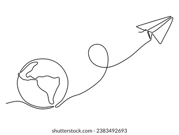 Single line drawing of world travel. Paper plane and earth. Vector illustration isolated. Minimalist design handdrawn.