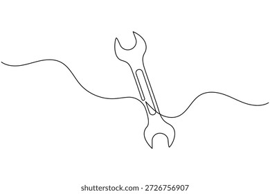 Dibujo de una sola línea de una llave inglesa sobre fondo de onda abstracto