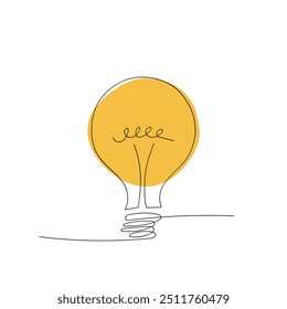 Single line drawing of a yellow light bulb on white background, creativity and innovation concept
