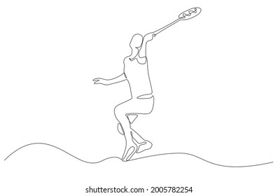 single line drawing of young agile female badminton player receive the incoming ball. Sport training concept. Trendy one line draw design vector illustration for badminton tournament publiccation