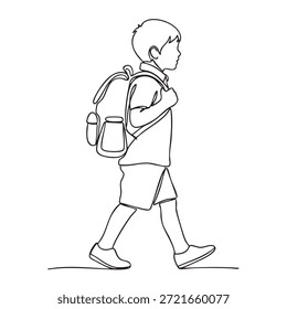 Un dibujo de una sola línea de un niño que camina con una mochila sobre un fondo blanco. Formato de Vector escalable adecuado para medios impresos y digitales.