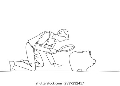 Single line drawing of young businessman holding magnifying glass looking at piggy bank. A stagnant business requires additional capital from a piggy bank. Venture. One line design vector illustration