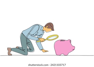 Single line drawing of young businessman holding magnifying glass looking at piggy bank. A stagnant business requires additional capital from a piggy bank. Venture. One line design vector illustration