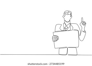 Single line drawing of young businessman holding paper board and pointing up, showing business concept. Perfect for idea generation, solution finding, warning notice, and motivational quote poster