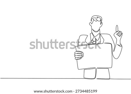 Single line drawing of young businessman holding paper board and pointing up, showing business concept. Perfect for idea generation, solution finding, warning notice, and motivational quote poster