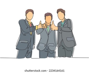 Single line drawing of young businessmen wearing suit standing up together after meeting and giving thumbs up gesture. Business owner teamwork concept. Continuous line draw design vector illustration