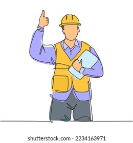 Single line drawing of young construction worker foreman carrying clipboard and giving thumbs up gesture. Building constructor concept. Continuous line draw design vector illustration