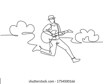 Dibujo de una sola línea de un joven y enérgico guitarrista saltando al escenario y tocando su guitarra eléctrica. Concepto de actuación artística de músicos enérgicos. Ilustración vectorial de dibujo de línea continua