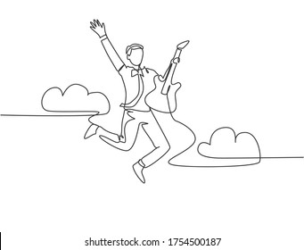 Single line drawing of young energetic guitarist jumping at stage and playing his electric guitar. Energetic musician artist performance concept. Continuous line draw design vector illustration