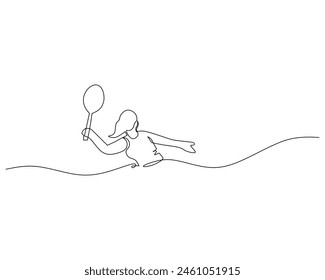 Single line drawing of young energetic badminton player jumping and smash shuttlecock vector illustration. Healthy sport concept. Modern continuous line draw design for badminton tournament poster
