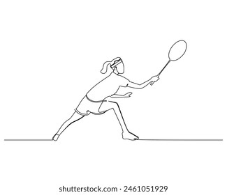 single line drawing of young energetic badminton player defense to take opponent hit vector illustration. Healthy sport concept. Modern continuous line draw design for badminton tournament poster
