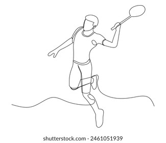 Single line drawing of young energetic man badminton player hit smashing shuttlecock vector illustration. Healthy sport concept. Modern continuous line draw design for badminton tournament poster
