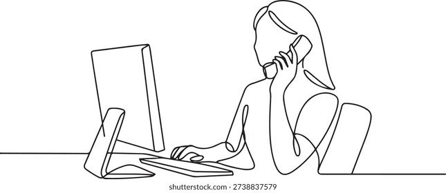 Single line drawing of young female call center worker sitting in front of computer and answering phone from customer. Customer service business concept. one line Icon drawing
