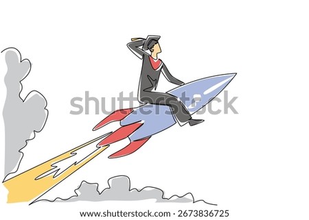 Single line drawing of a young handsome male graduate riding a rocket blasting through clouds, symbolizing success, ambition, and education in an academic concept for National Higher Education Day.