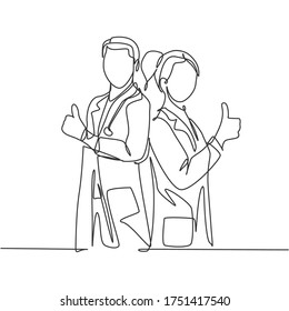 Single line drawing of young happy couple male and female doctor standing together and giving thumbs up gesture. Medical healthcare teamwork concept. Continuous line draw design vector illustration