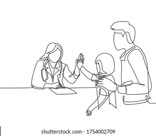Single line drawing of young happy female doctor checking up sick patient girl and giving high five gesture. Medical healthcare concept continuous line draw graphic design vector illustration
