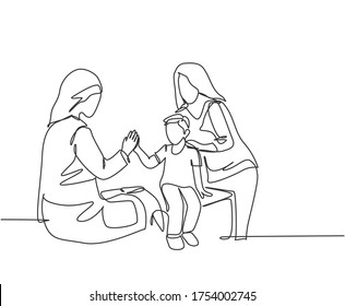 Single line drawing of young happy female doctor checking up sick patient boy and giving high five gesture. Medical healthcare concept. Trendy continuous line draw design vector graphic illustration