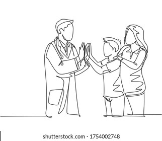 Single line drawing of young happy male doctor checking up sick patient boy and giving high five gesture. Medical healthcare concept continuous line draw design graphic vector illustration