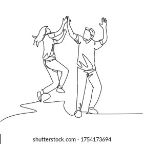 Single line drawing of young happy couple male and female so happy and jumping give high five gesture together. Business teamwork concept. Continuous line draw design graphic vector illustration