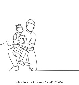 Single line drawing of young happy father hugging her child that carried a basket ball on basketball court. Parenting family concept. Modern continuous line draw design vector graphic illustration