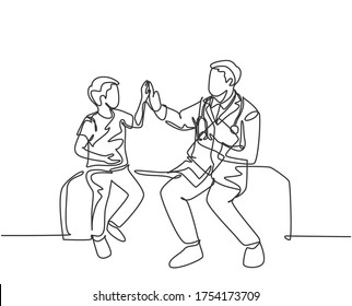 Single line drawing of young happy male doctor checking up sick patient boy and give high five gesture. Medical healthcare service treatment concept. Continuous line draw design vector illustration