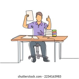 Single line drawing of young happy businessman shows a clipboard containing business contract and giving thumbs up gesture. Business deal concept. Continuous line draw design vector illustration