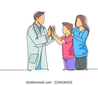 Single line drawing of young happy male doctor checking up sick patient boy and giving high five gesture. Medical healthcare concept continuous line draw design graphic vector illustration