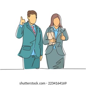 Einzeilige Zeichnung von jungen, glücklichen Geschäftsleuten und Geschäftsfrau, die sich die Geste anschauen. Business-Teamwork-Konzept. Design der kontinuierlichen Linien, Vektorgrafik