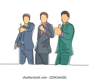 Dibujo de una sola línea de jóvenes y felices hombres de negocios usando traje para dar gestos de aprobación. El propietario de un negocio se ocupa de un concepto de trabajo en equipo. Diseño gráfico de dibujo de línea continua de moda