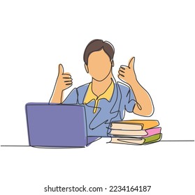 Single line drawing of young happy male college student study in the campus library beside stack of books and laptop. Education concept. Continuous line draw design vector illustration