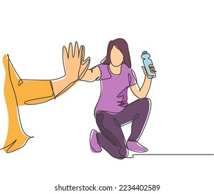 Single line drawing of young happy woman take a rest after do some exercise and giving high five to her friend at outfield park. Friendship concept continuous line draw design vector illustration