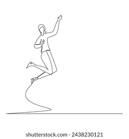 Single line drawing of young happy business woman jumping and raise hands into the air celebrate a success. Business celebration concept. Continuous line draw graphic design vector illustration