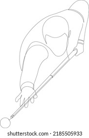 Dibujo de una sola línea de un joven jugando billar en una sala de billar. Concepto de juego recreativo deportivo en interiores. Diseño de traza de línea continua moderno. Ilustración vectorial.