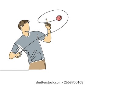 Um desenho de uma única linha de um jovem executando um truque de ioiô em repetição, refletindo habilidade, equilíbrio e energia, celebrando a cultura dos brinquedos no Dia Nacional do Ioiô com um conceito de arte elegante.