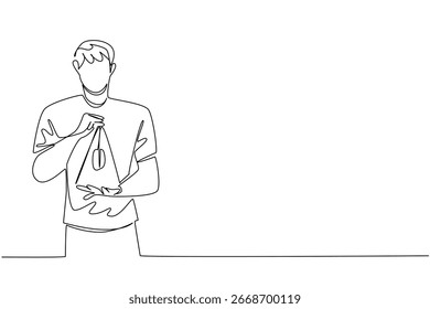 Um único desenho de linha de um jovem habilmente criando um truque triângulo ioiô, simbolizando o controle e a arte. Esta ilustração captura a criatividade da celebração do Dia Nacional do Iô.