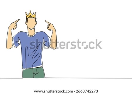 A single line drawing of a young man pointing proudly at his crown, highlighting arrogance, ego, and red flags. Ideal for World Narcissistic Abuse Awareness Day in a psychology and behavior concept