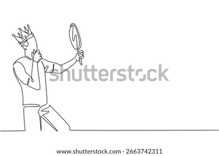 Single line drawing of a young man holding a mirror while wearing a crown, expressing self-admiration for World Narcissistic Abuse Awareness Day in a psychology and awareness concept design.