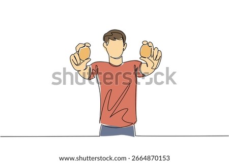 A single line drawing of a young man holding two eggs in his hands, food object concept, minimalist farm-to-table vector art for healthy breakfast and rustic kitchen design themes. National Egg Day